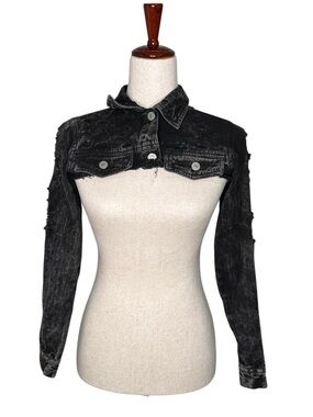 Thrill Vintage Y2K Cropped Black Distressed Trashed Denim Bolero Jacket Grunge S